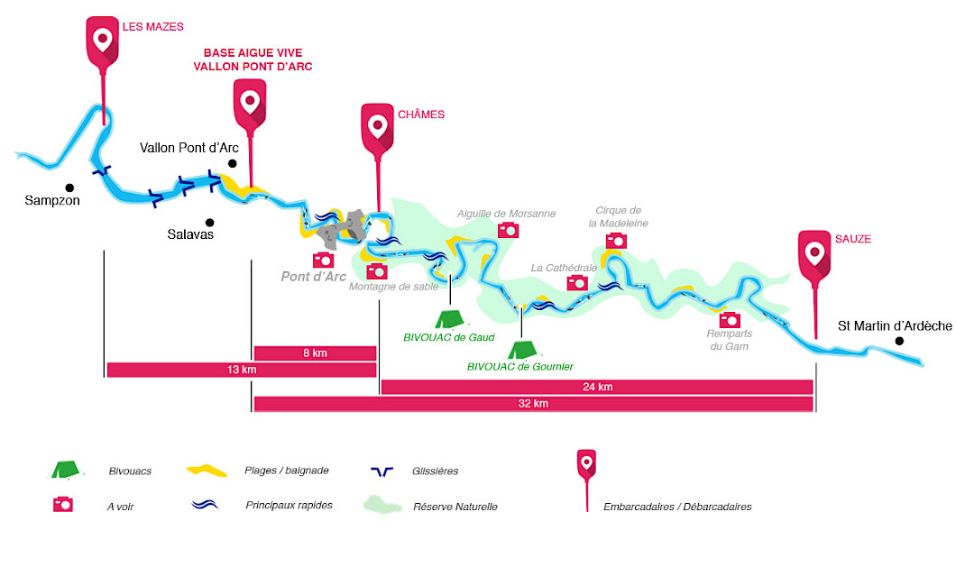 Map of the Ardeche descent by canoes